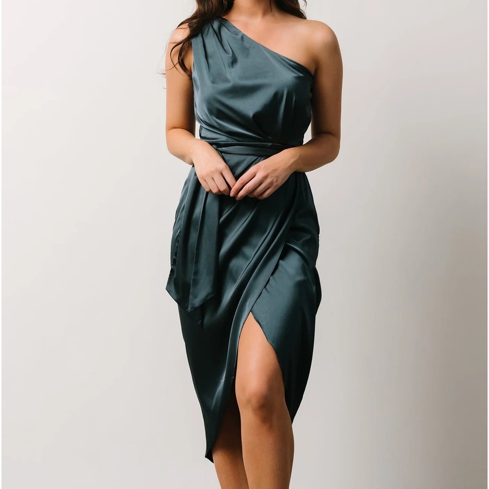 Baltic Born One-Shoulder Satin Midi Dress in Teal